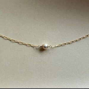 Gold filled paperclip Chain Necklace with Pearl Accent